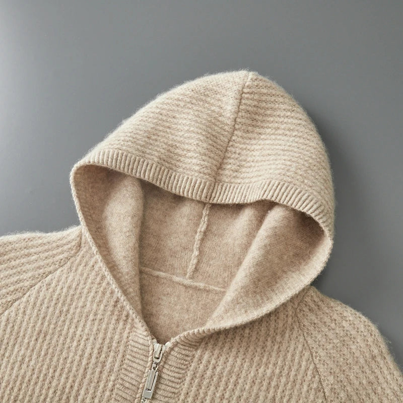 Mens Ribbed Merino Wool Zip Hoodie