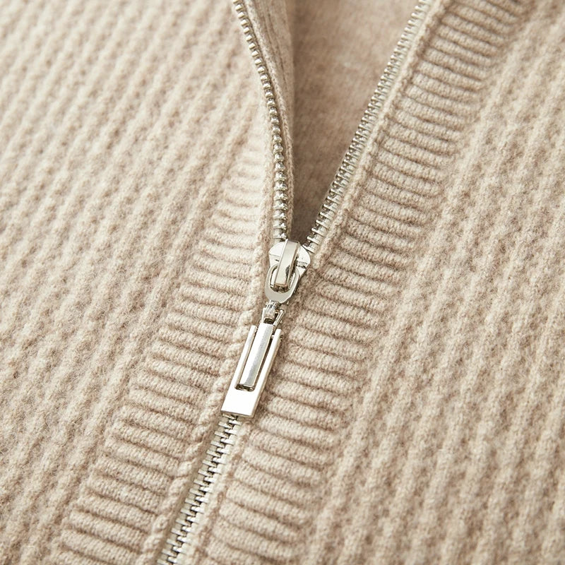 Mens Ribbed Merino Wool Zip Hoodie