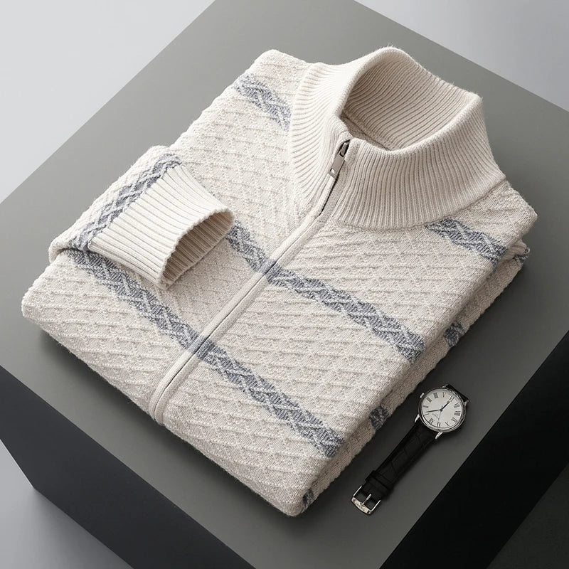 Mens Striped Merino Wool Zip Cardigan