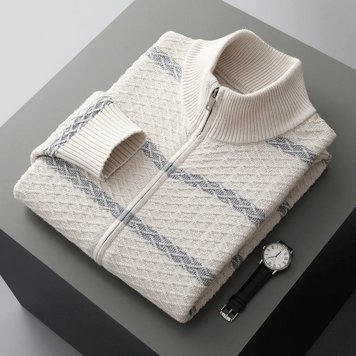 Mens Striped Merino Wool Zip Cardigan