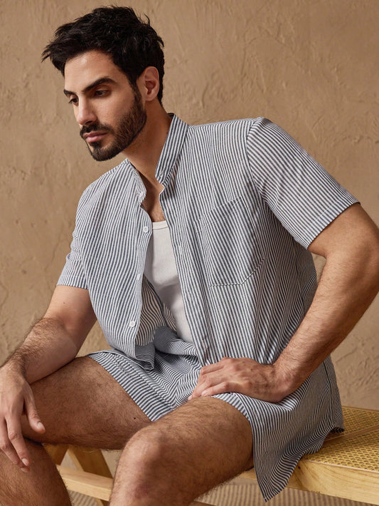 Men's Striped Stand Collar Pajama Set