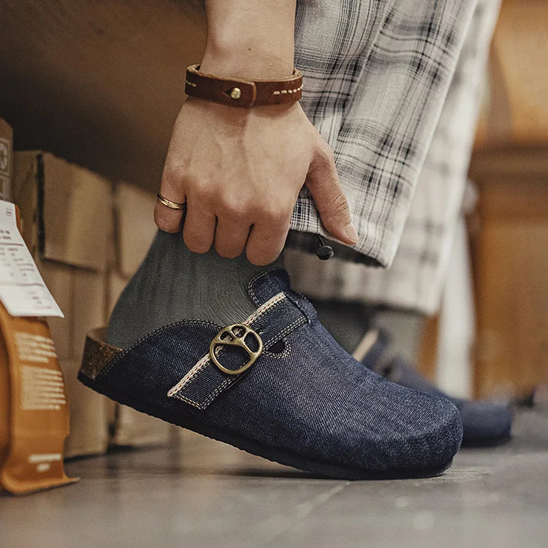 Men's Vintage Denim Cork Slip-On Mules
