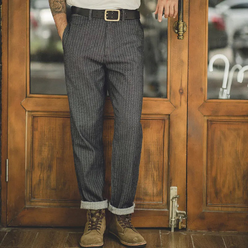 Men's Vintage Grey Herringbone Cotton Trousers