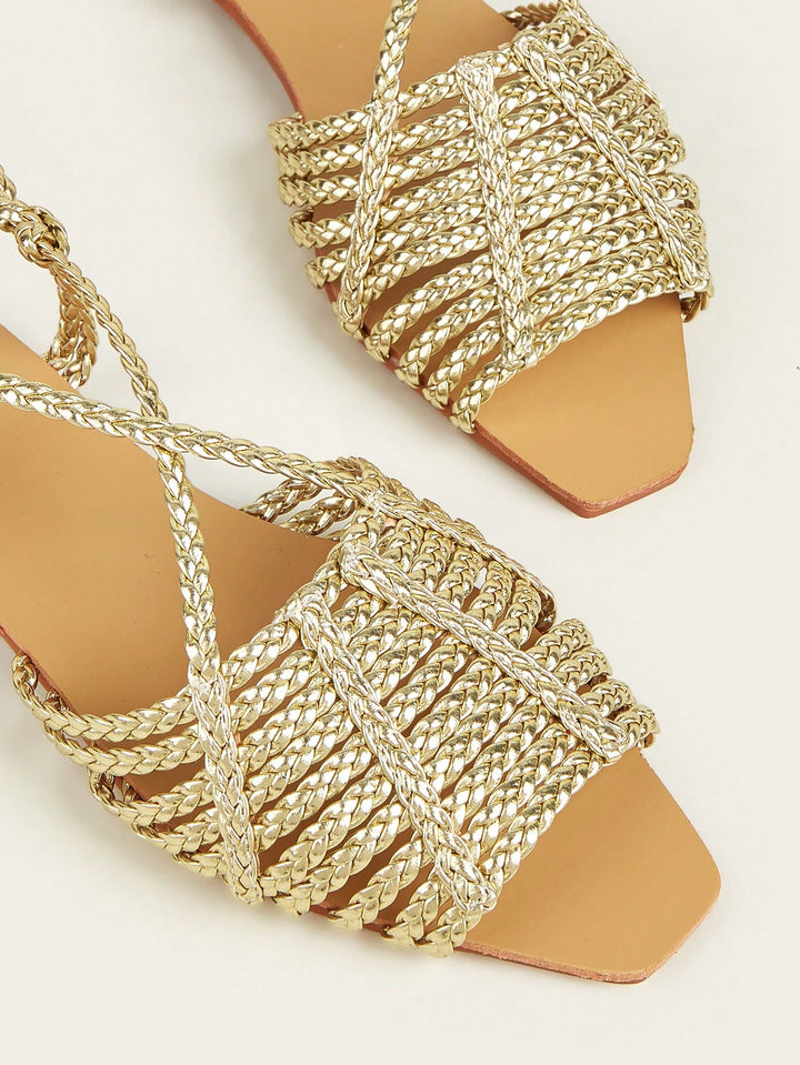  Metallic Gold Braided Slingback Sandals