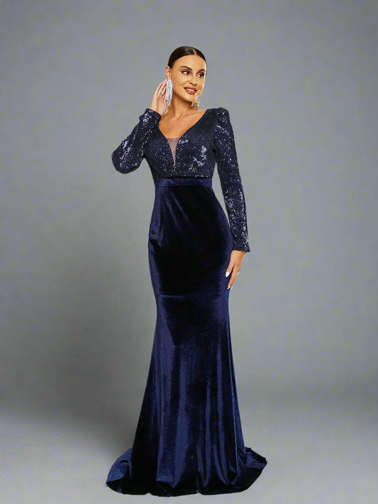 Navy Velvet Sequin Long Sleeve Gown