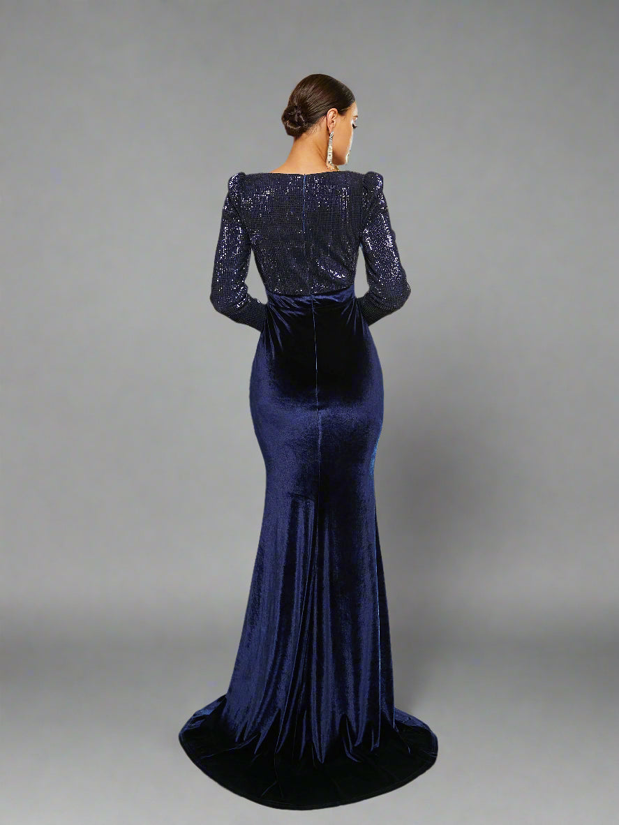 Navy Velvet Sequin Long Sleeve Gown