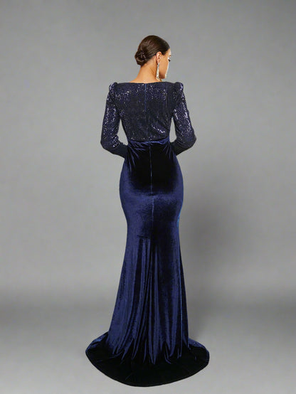 Navy Velvet Sequin Long Sleeve Gown