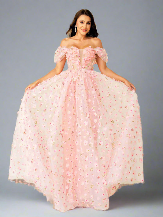 Off-Shoulder 3D Floral Tulle Gown