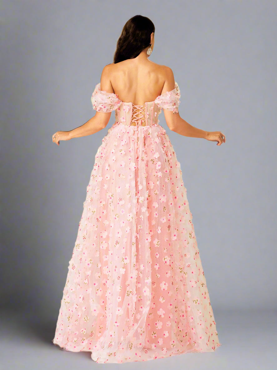 Off-Shoulder 3D Floral Tulle Gown