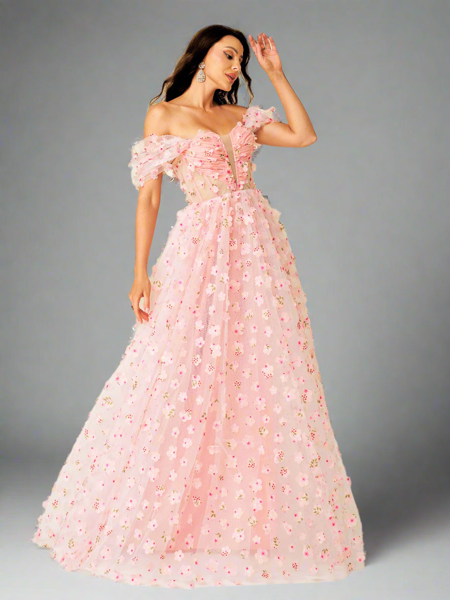 Off-Shoulder 3D Floral Tulle Gown