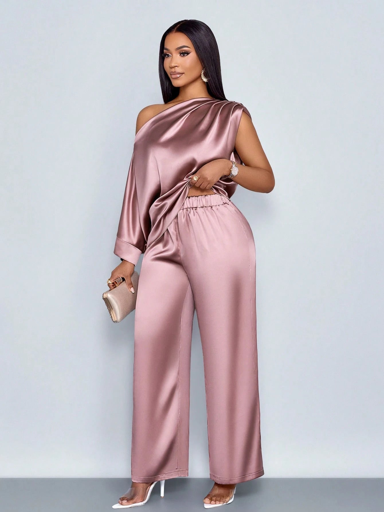 One Shoulder Satin Wide Leg Pant Set