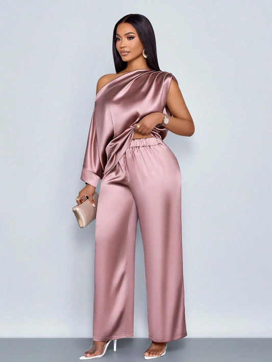 One Shoulder Satin Wide Leg Pant Set