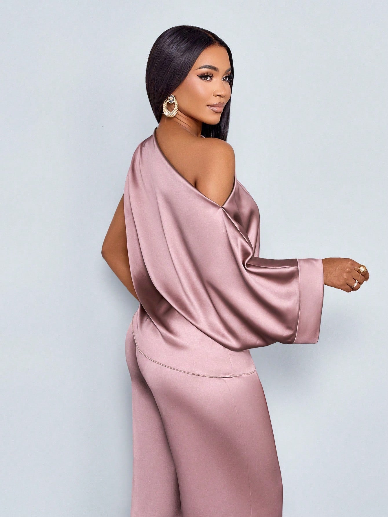 One Shoulder Satin Wide Leg Pant Set