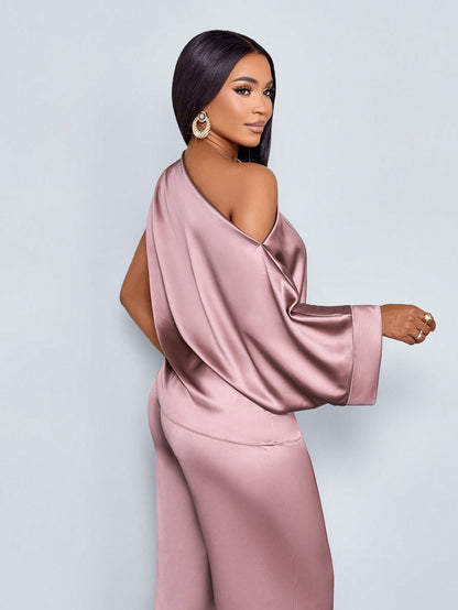 One Shoulder Satin Wide Leg Pant Set