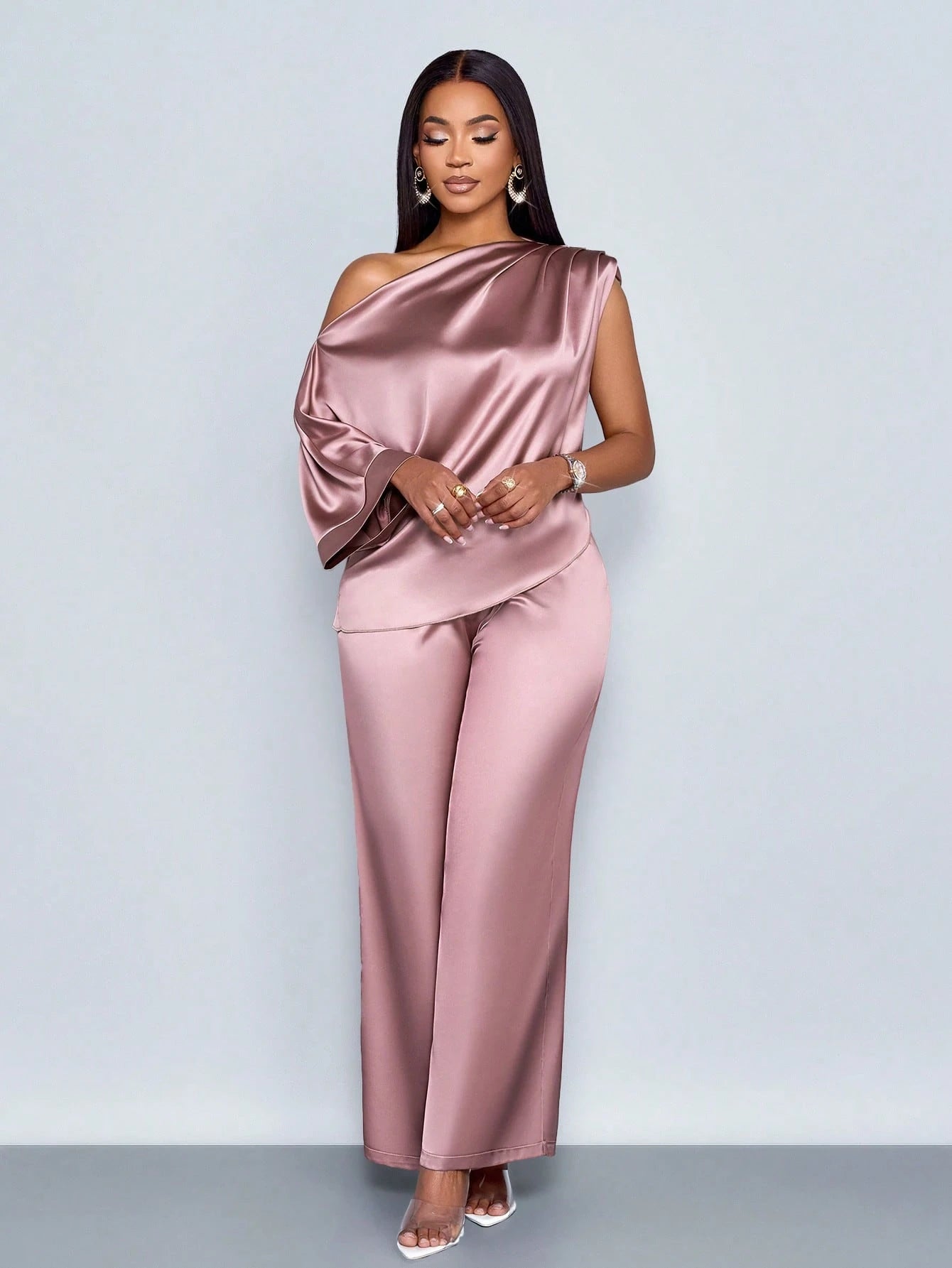 One Shoulder Satin Wide Leg Pant Set