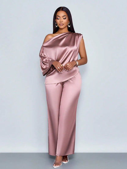 One Shoulder Satin Wide Leg Pant Set