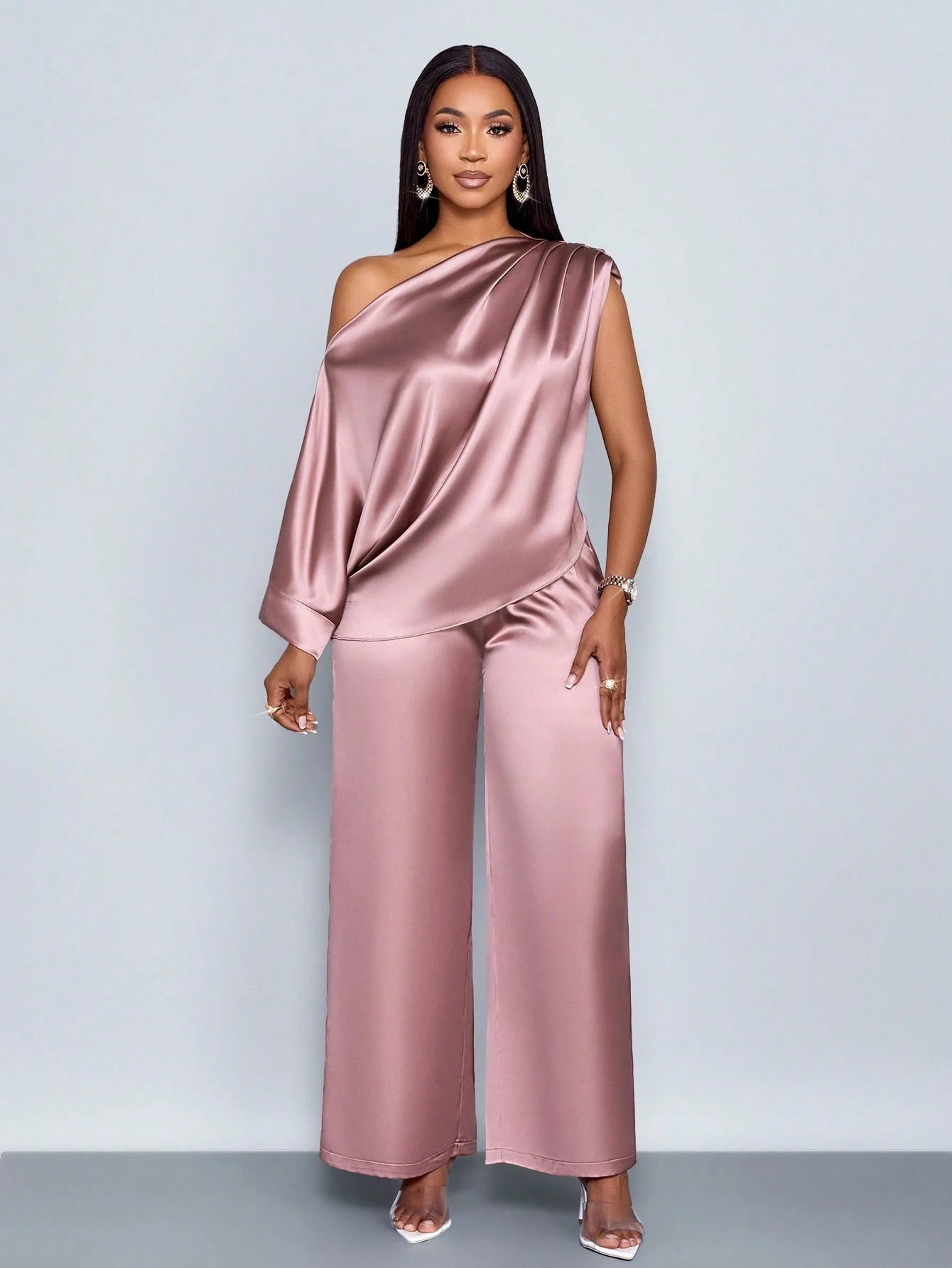 One Shoulder Satin Wide Leg Pant Set