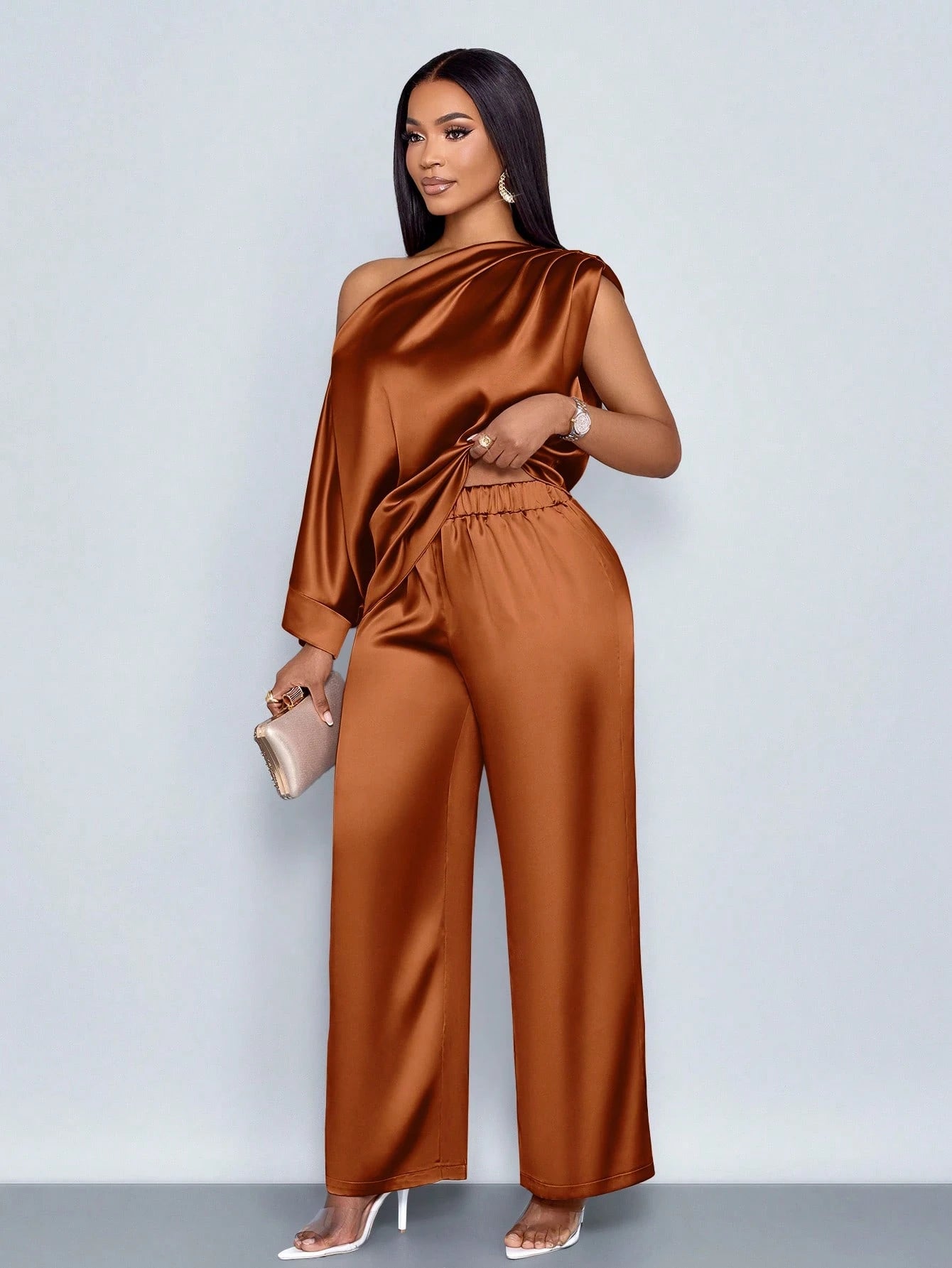 One Shoulder Satin Wide Leg Pant Set