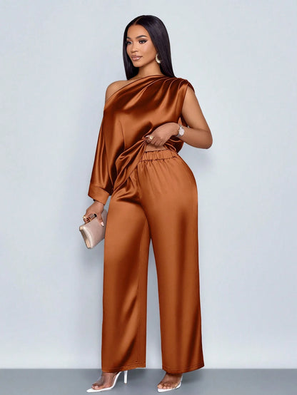 One Shoulder Satin Wide Leg Pant Set