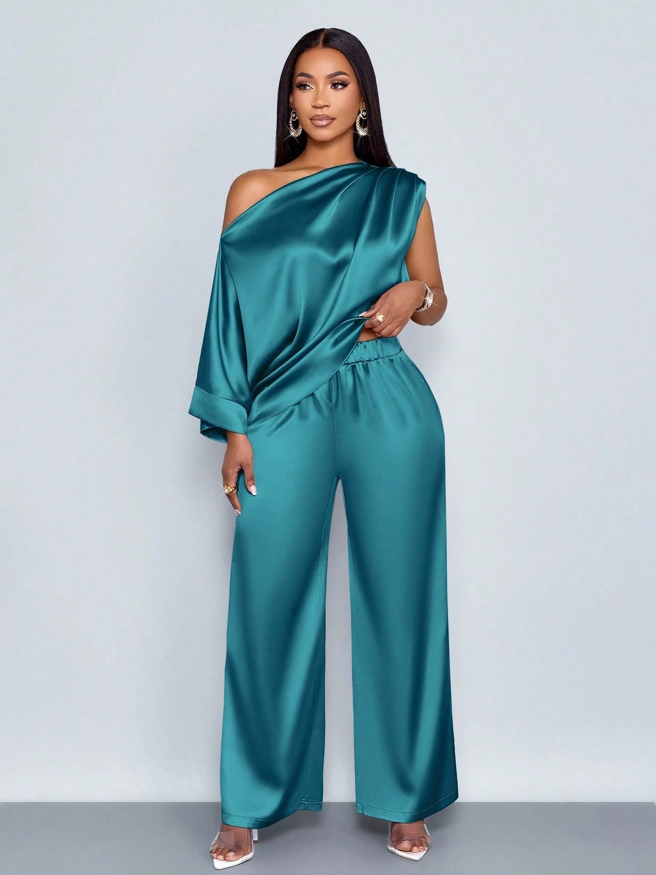One Shoulder Satin Wide Leg Pant Set