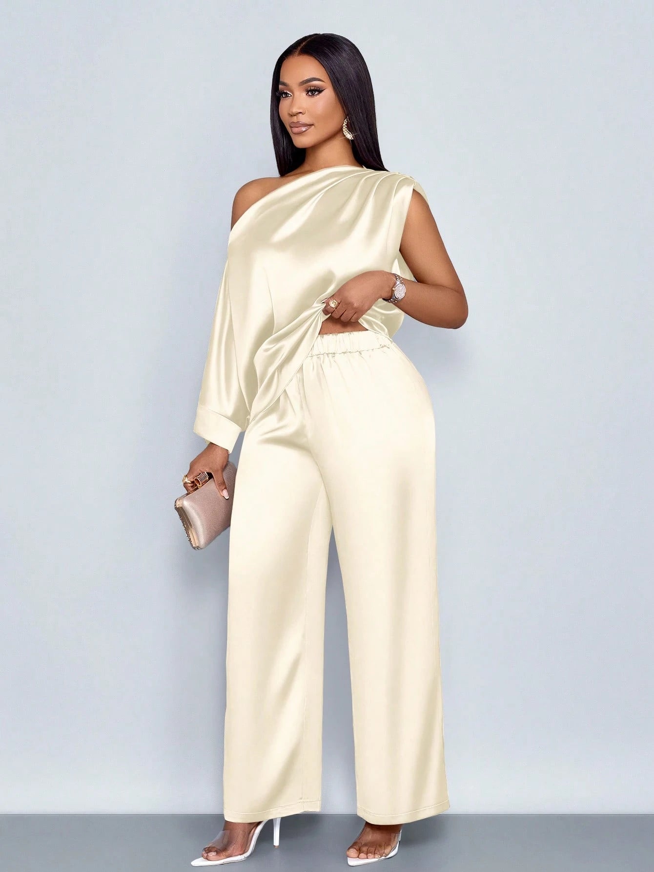 One Shoulder Satin Wide Leg Pant Set