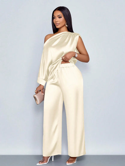 One Shoulder Satin Wide Leg Pant Set