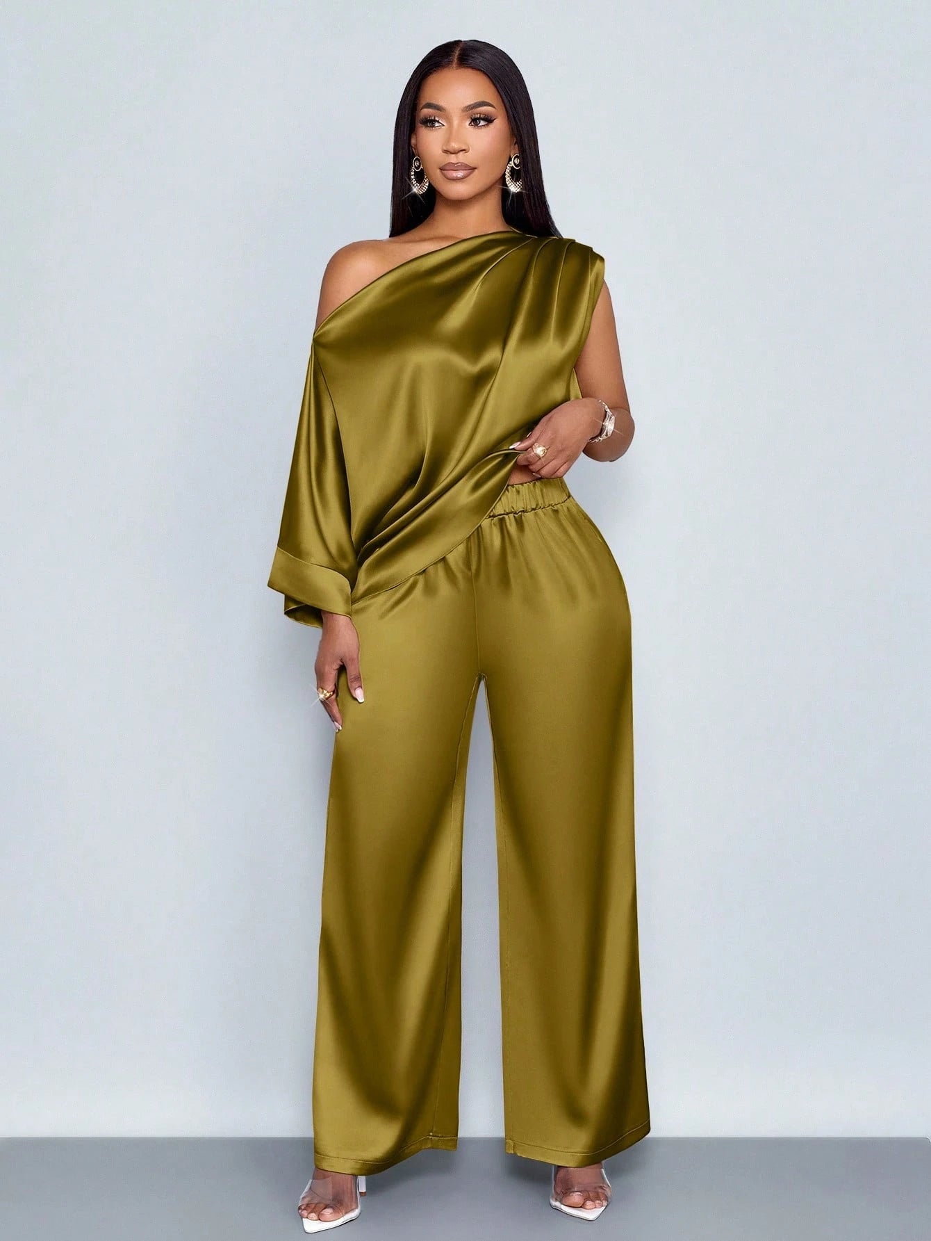 One Shoulder Satin Wide Leg Pant Set