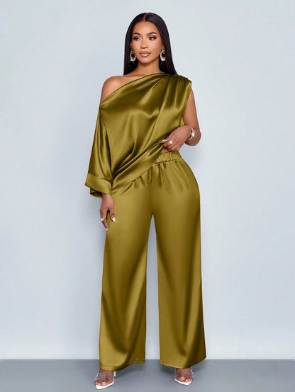 One Shoulder Satin Wide Leg Pant Set