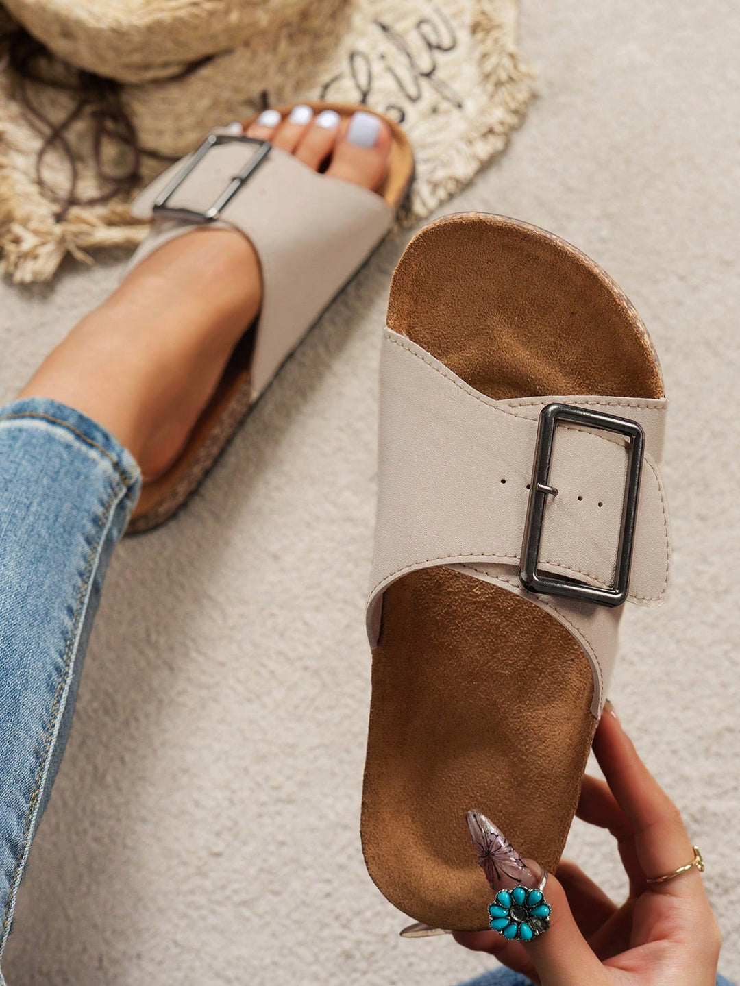  Oversized Buckle Cork Slide Sandal