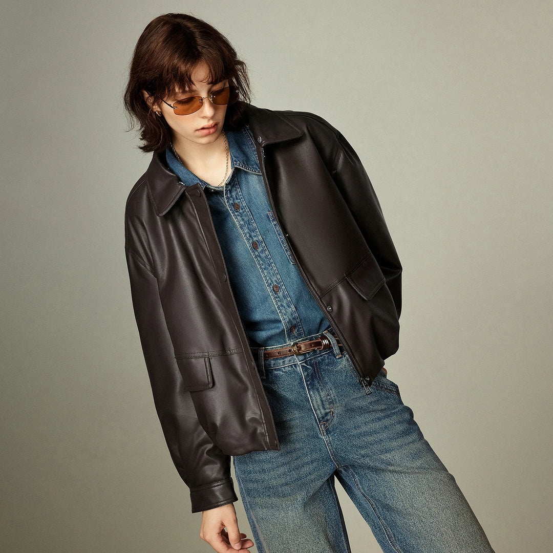 Oversized PU Leather Shearling Jacket