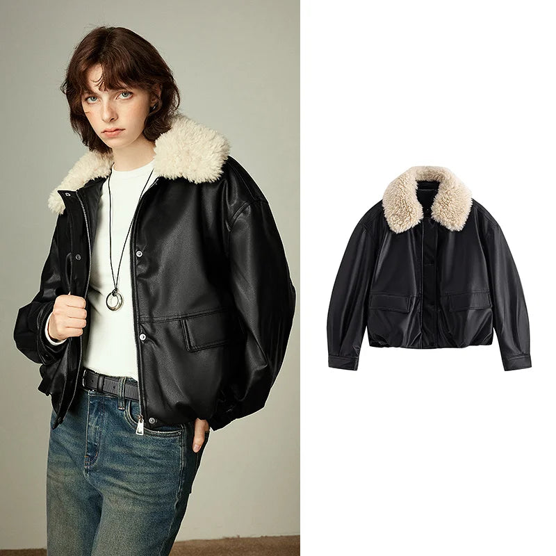 Oversized PU Leather Shearling Jacket