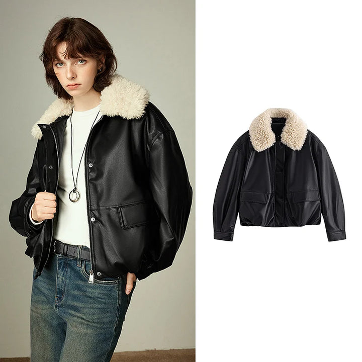 Oversized PU Leather Shearling Jacket