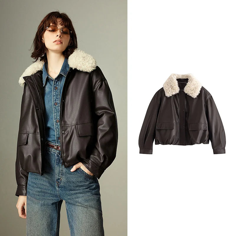 Oversized PU Leather Shearling Jacket