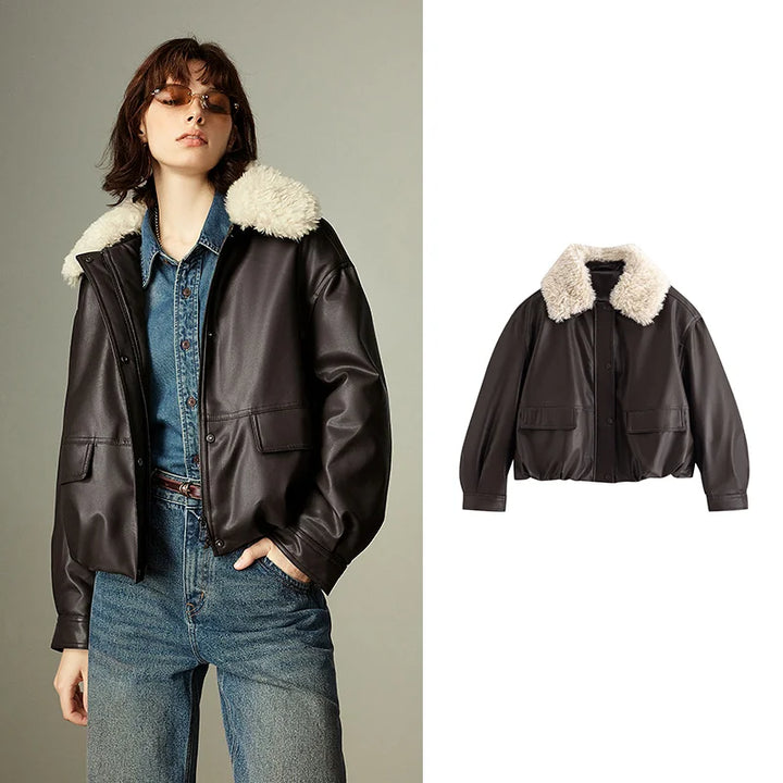 Oversized PU Leather Shearling Jacket