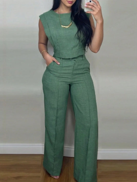 Padded Shoulder Wide Leg Pant Set