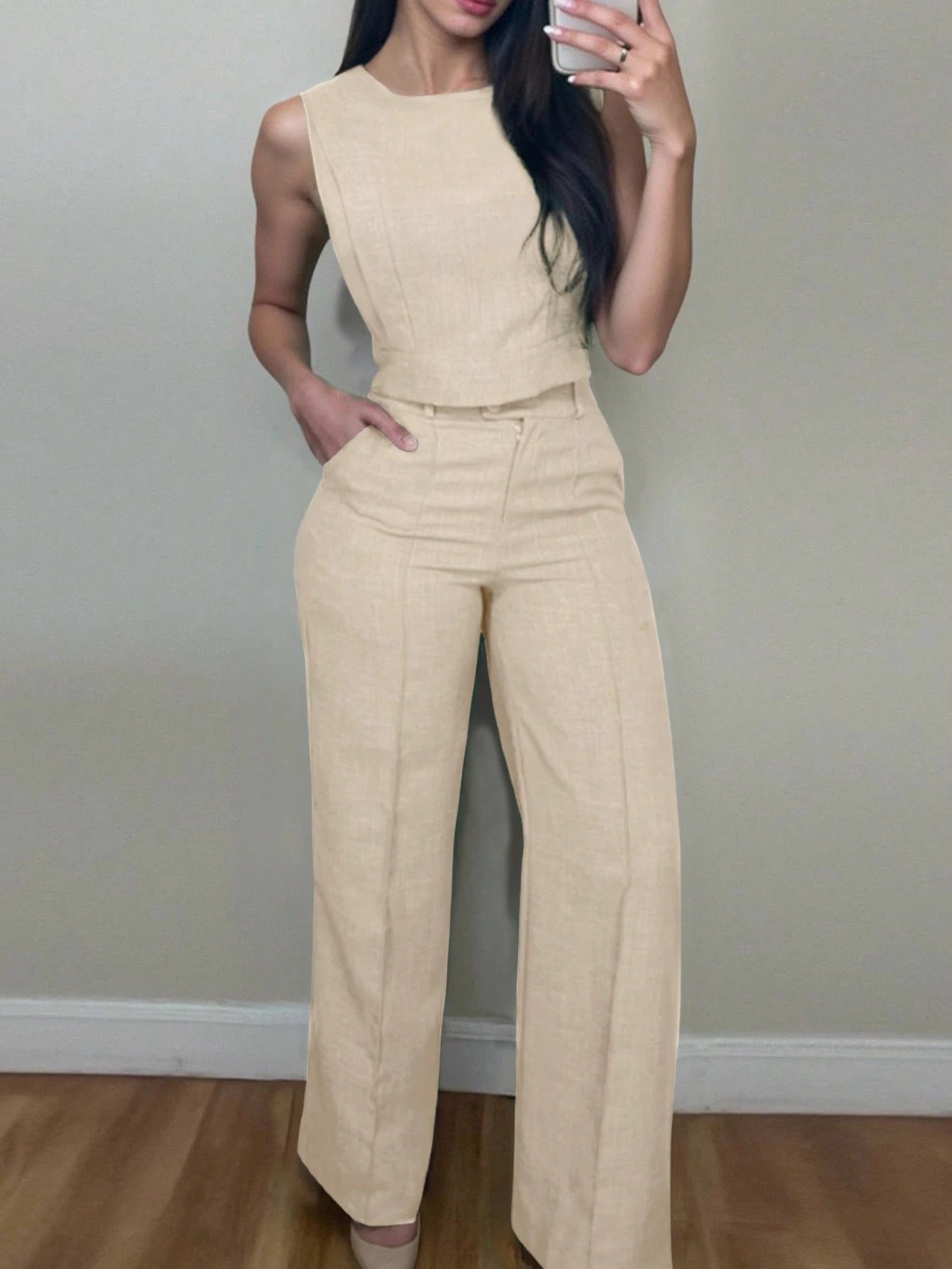 Padded Shoulder Wide Leg Pant Set