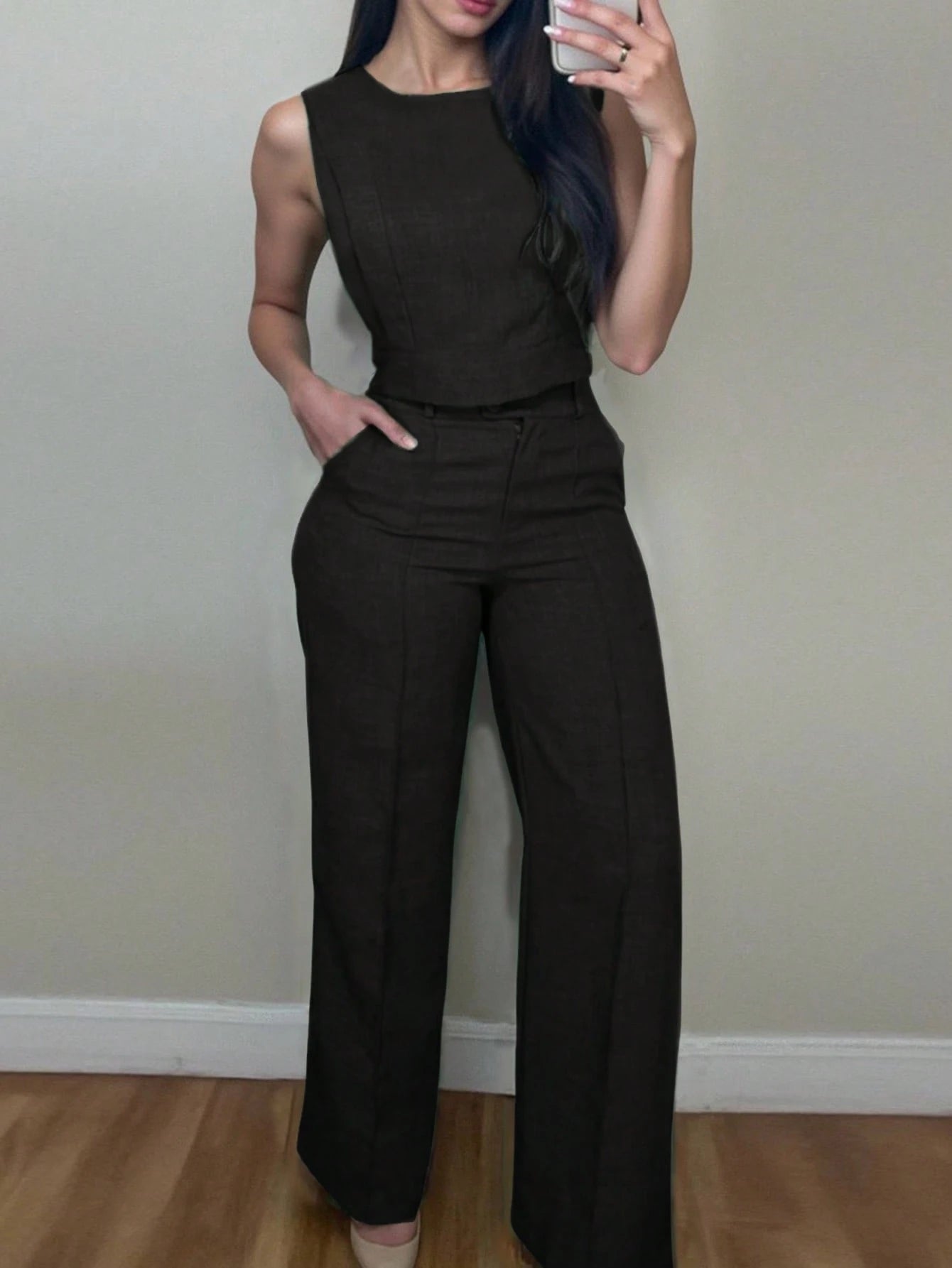 Padded Shoulder Wide Leg Pant Set