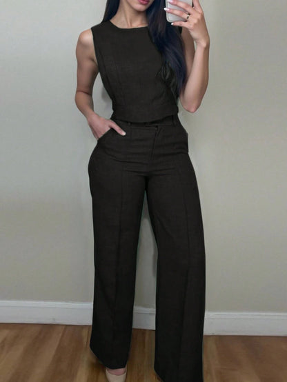 Padded Shoulder Wide Leg Pant Set