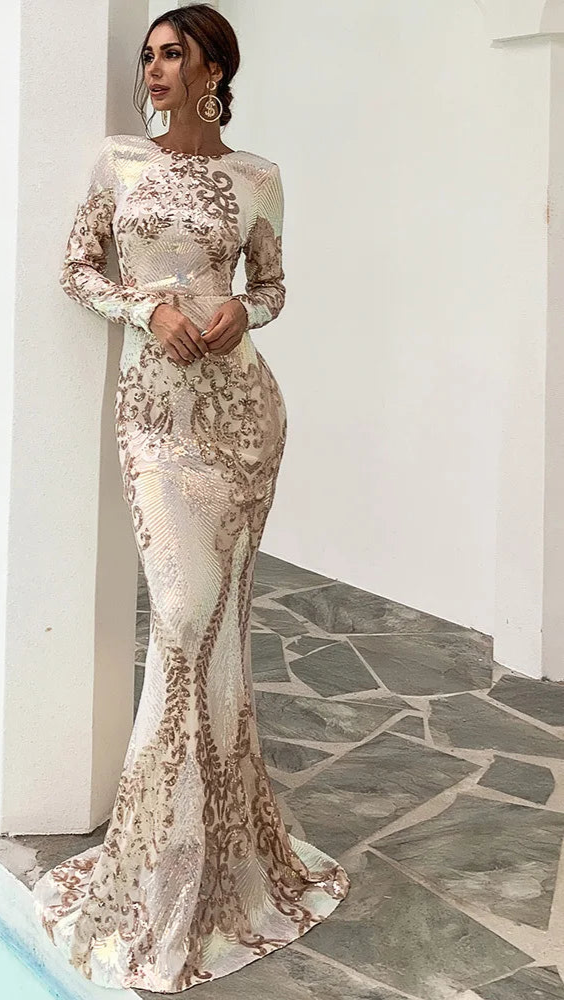 Patterned Iridescent Sequin Mermaid Gown