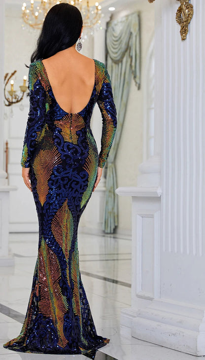 Patterned Iridescent Sequin Mermaid Gown