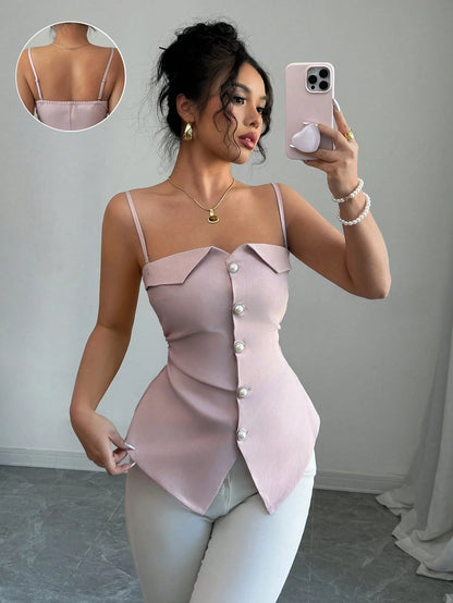  Pearl Button Asymmetrical Bustier Top