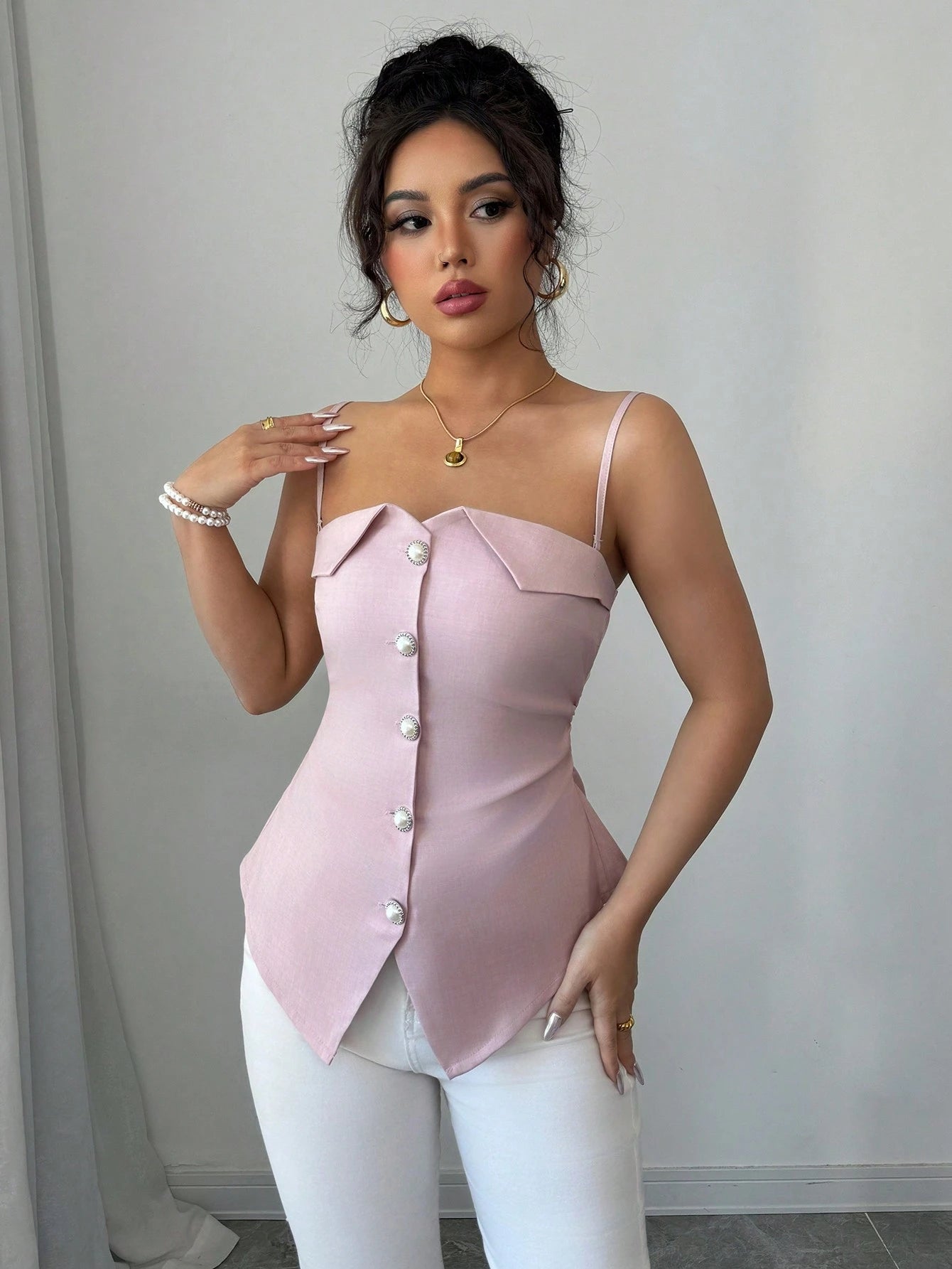  Pearl Button Asymmetrical Bustier Top