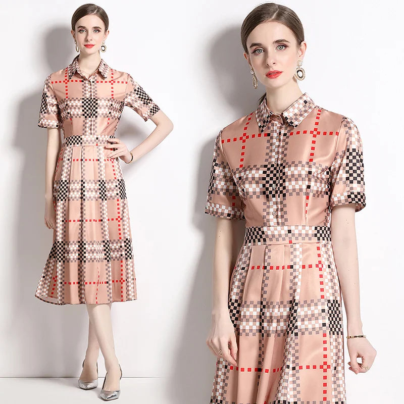 Plaid Print Pleated Shirt Dress