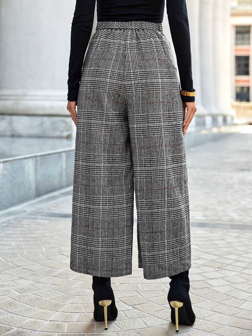 Plaid Print Wide Leg Trousers with Button Detail