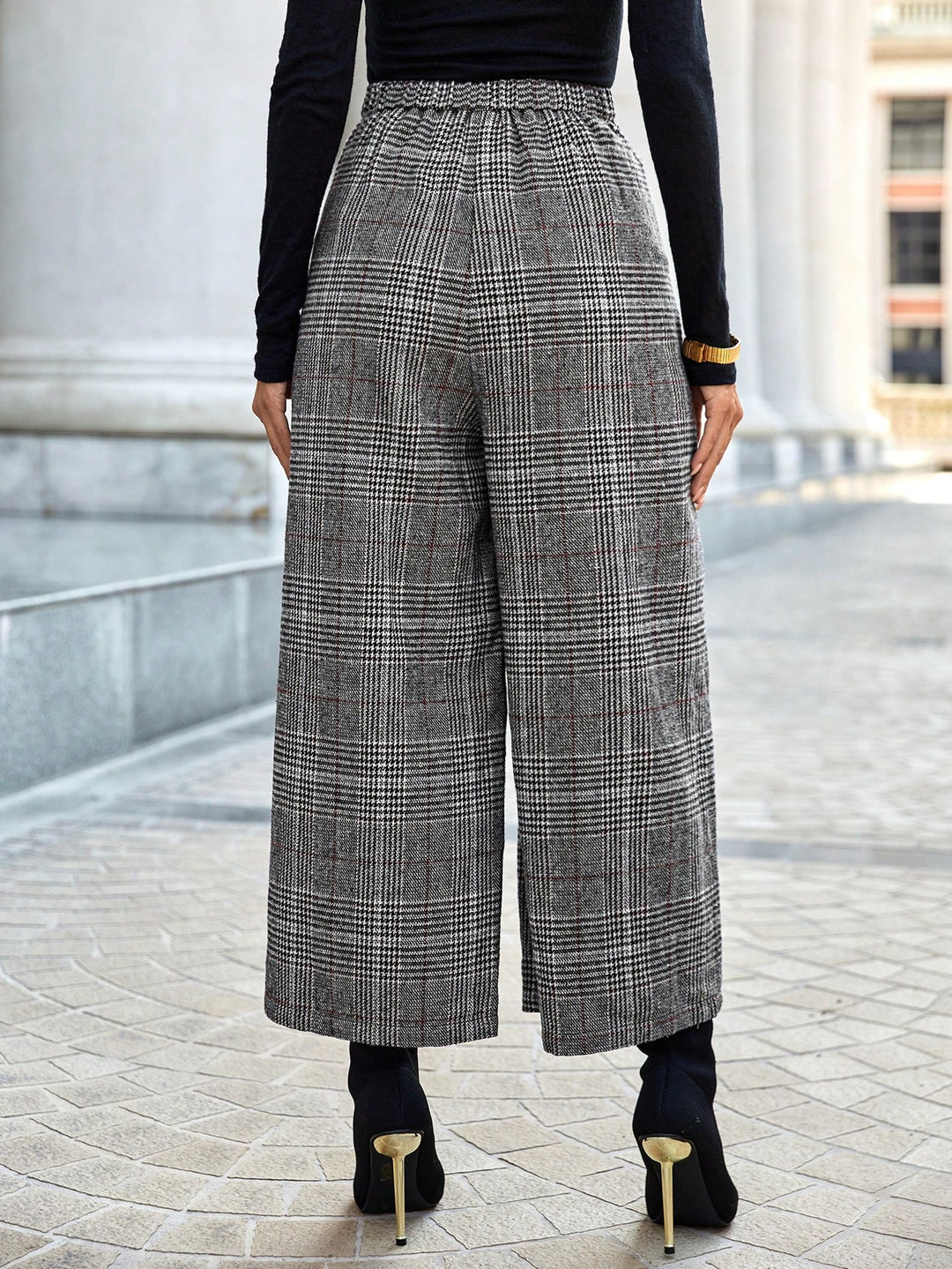 Plaid Print Wide Leg Trousers with Button Detail
