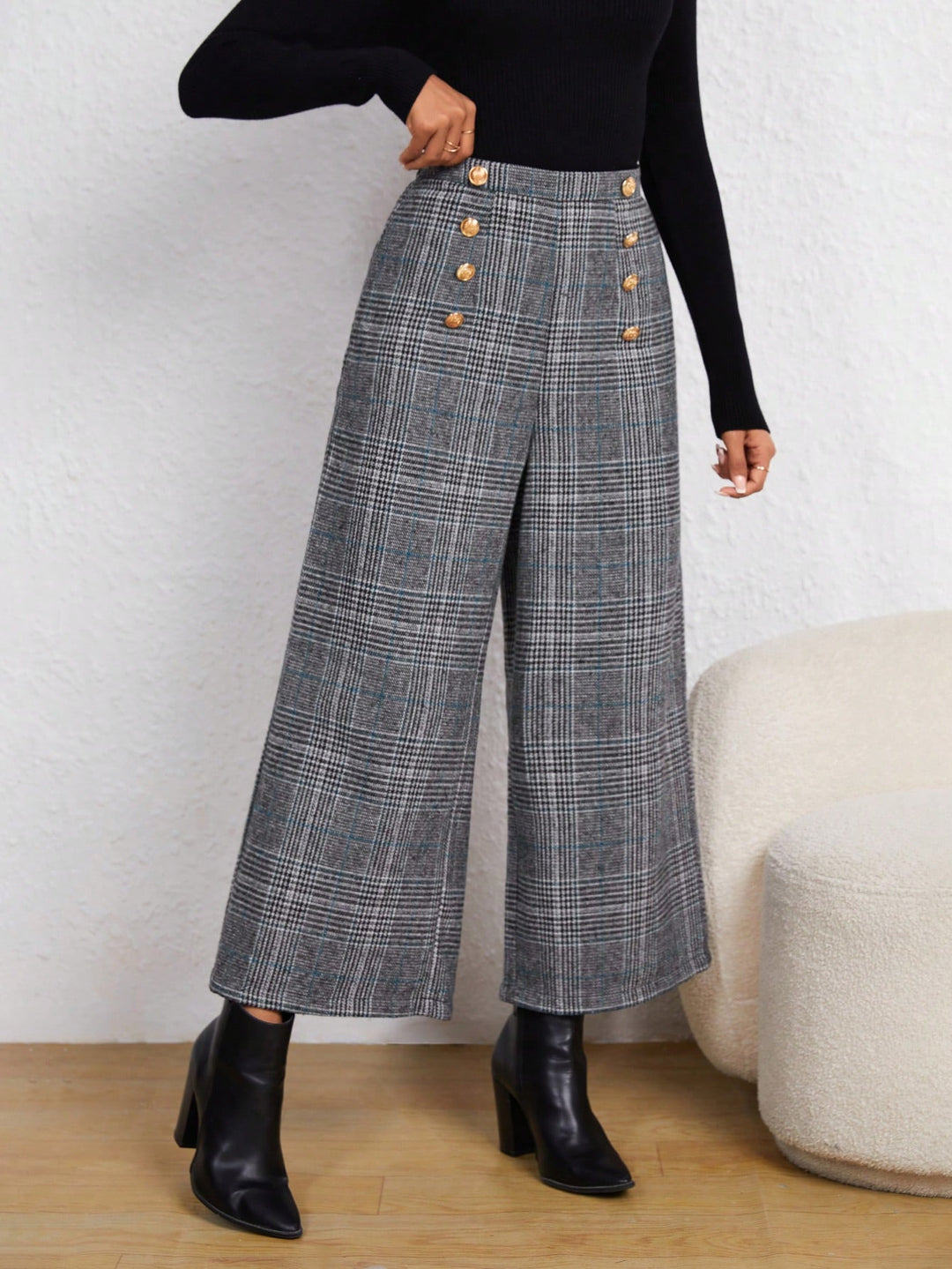 Plaid Print Wide Leg Trousers with Button Detail
