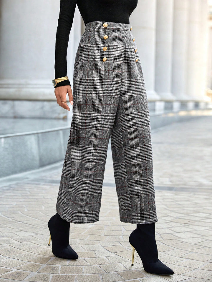 Plaid Print Wide Leg Trousers with Button Detail