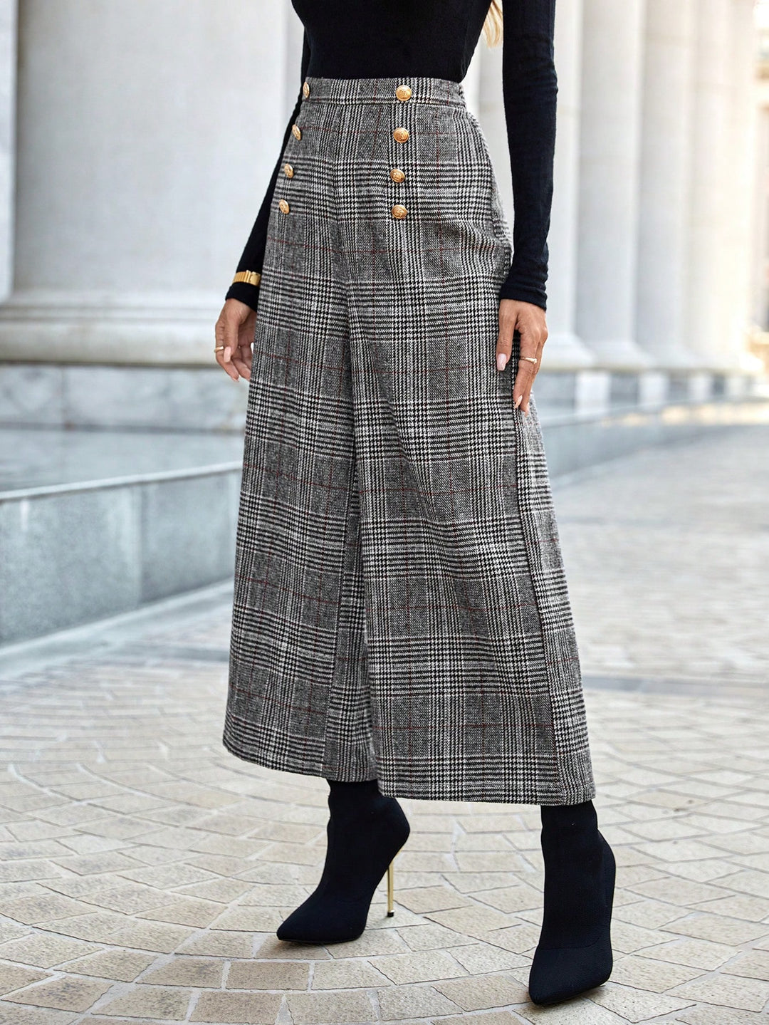 Plaid Print Wide Leg Trousers with Button Detail