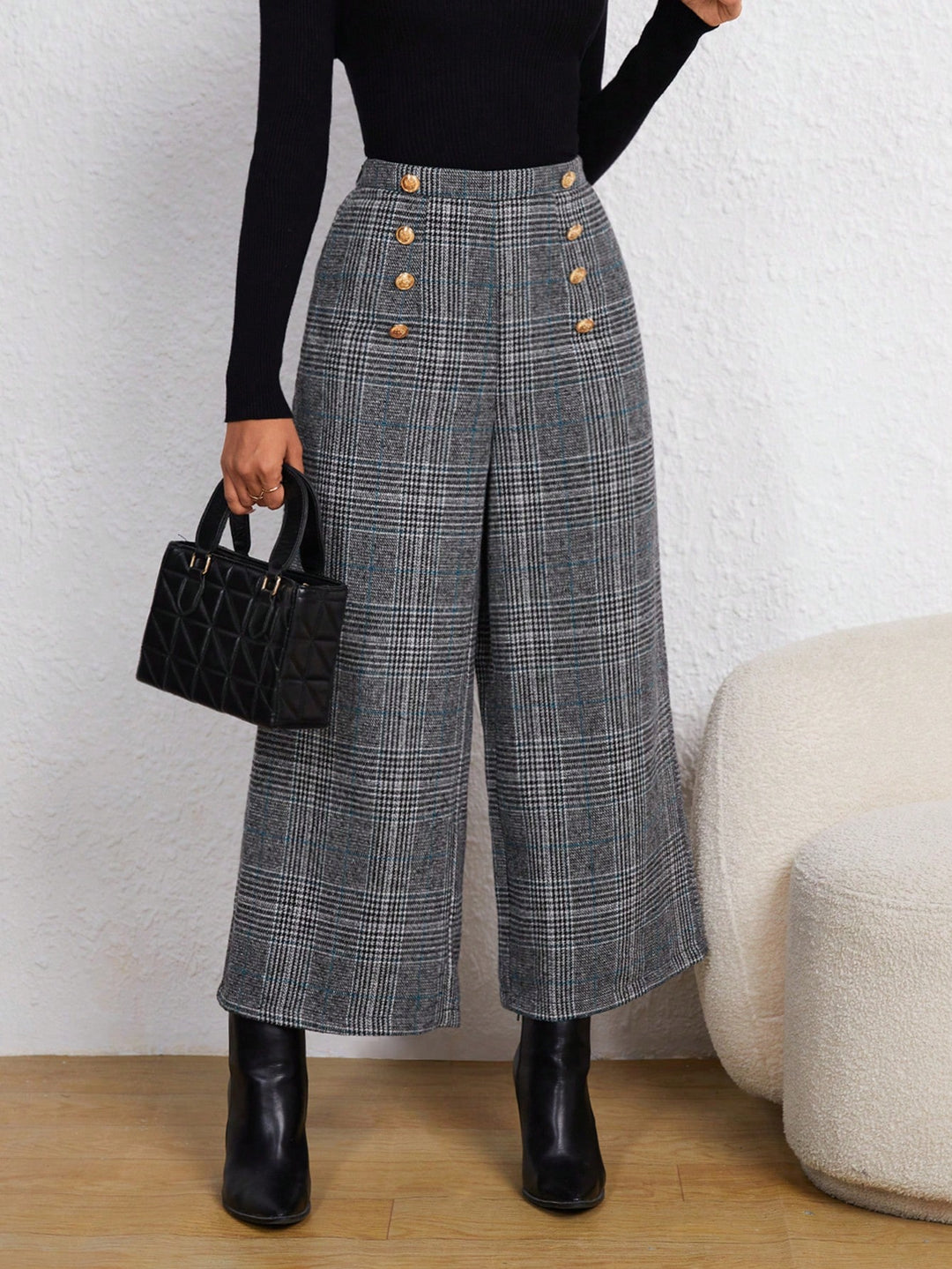 Plaid Print Wide Leg Trousers with Button Detail