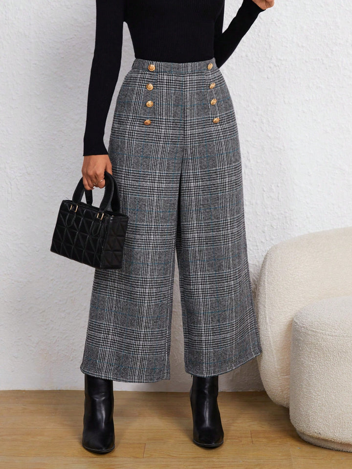 Plaid Print Wide Leg Trousers with Button Detail
